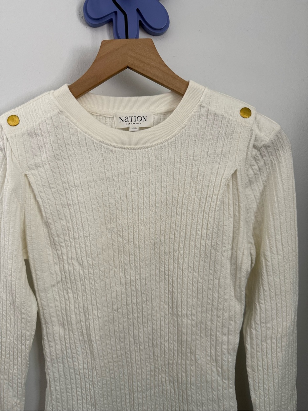 Nation LTD XS Ivory Cable Knit Long Sleeve Gold Button Shoulder Classy Old Money - Picture 2 of 7